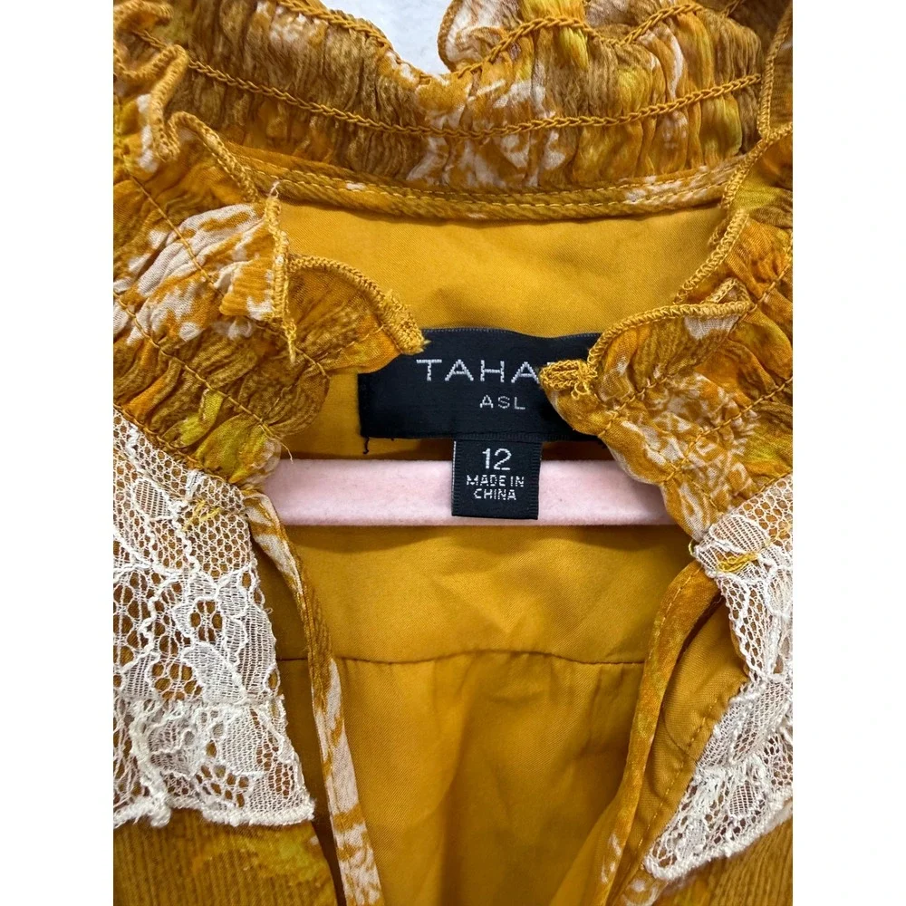 Tahari Floral Mini Dress 12 Mustard Yellow Lace Yoke Long Sleeve Boho Tiered - Picture 3 of 10